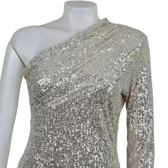 Bella Barnett Gold Metallic Sequins Dress Evening Sexy Formal One Shoulder Med - Picture 3 of 12